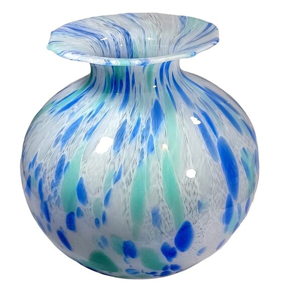 Large Murano Bulb Shaped Vase Cobalt Aqua Cornflower Blue Confetti Ocean Colors - Picture 1 of 12
